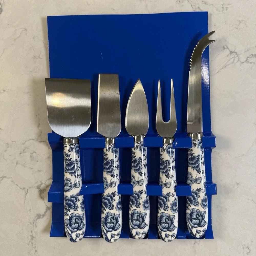 Dutch Treats Holland Delft Porcelain Cheese Knife Slicer Set o 5 Stainless Steel